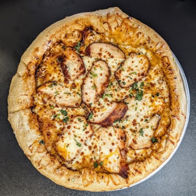 BBQ CHICKEN PIZZA.