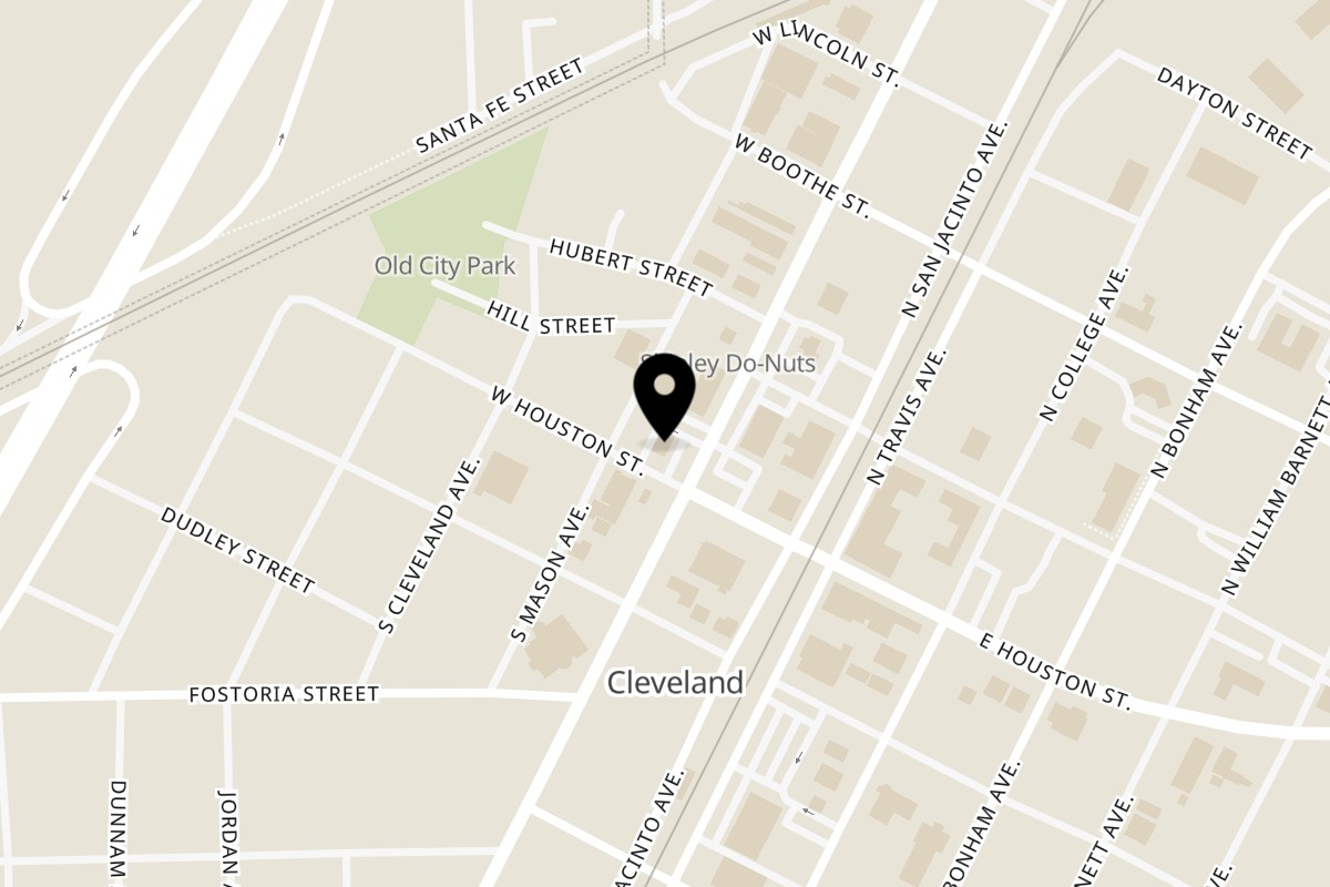Map showing the location of Fat Floyd's Barbecue on 206 W Houston St in Cleveland